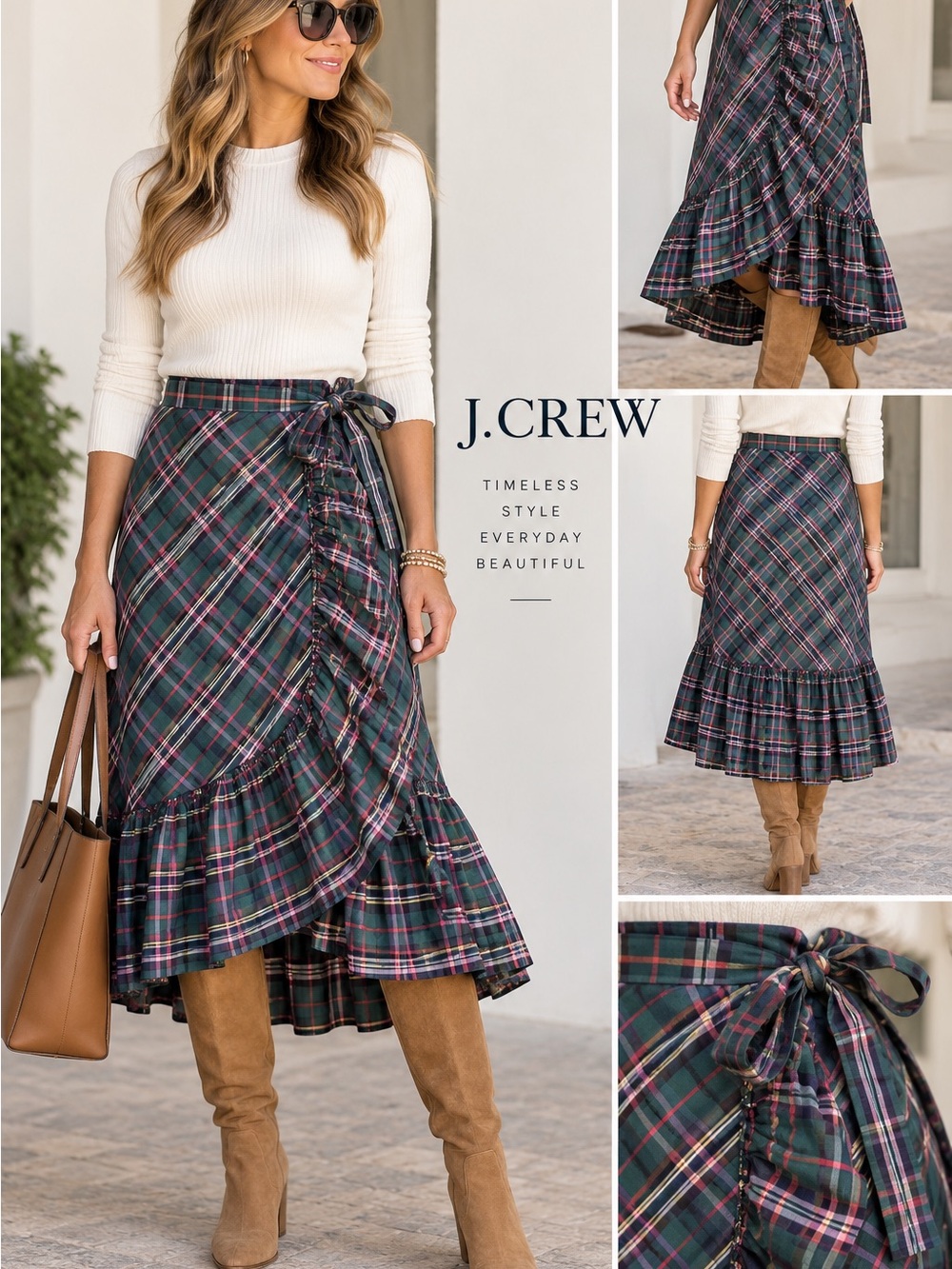 J. Crew Navy and Green Plaid Wrap Ruffle Midi Skirt